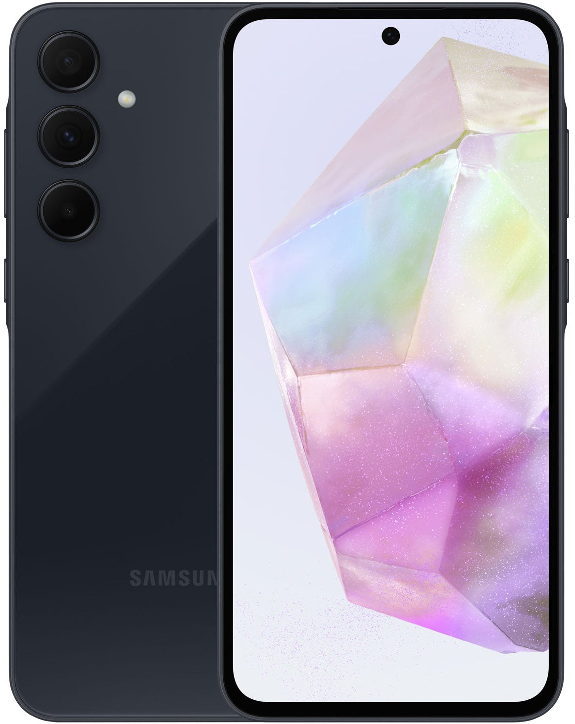 Samsung smartphone showing front and back on a white background