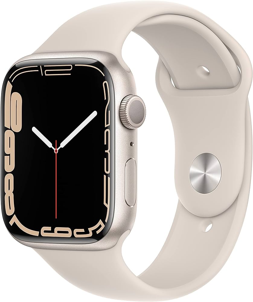 An Apple Watch 7 with a silver band and a black case, featuring a digital watch face and side button controls.