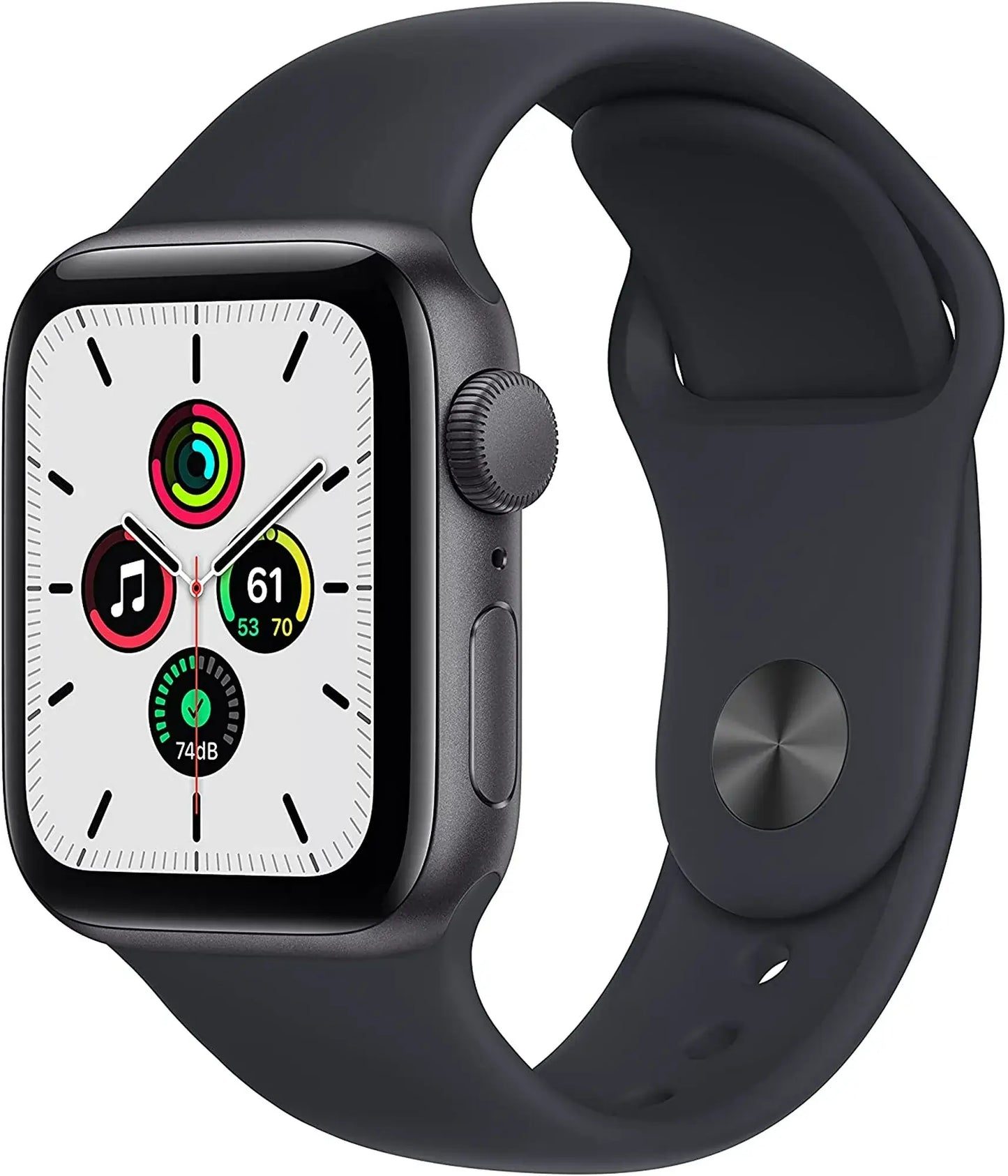 Grey Apple Watch SE with a 40 millimeter face, seen from an angle.