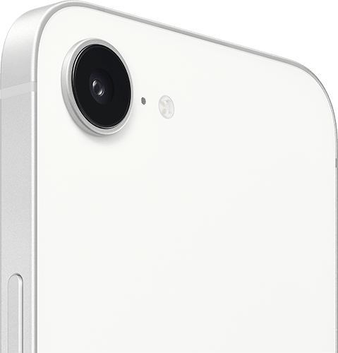 Close-up of the camera lens on the back of a white iPhone 16e, seen from an angle.