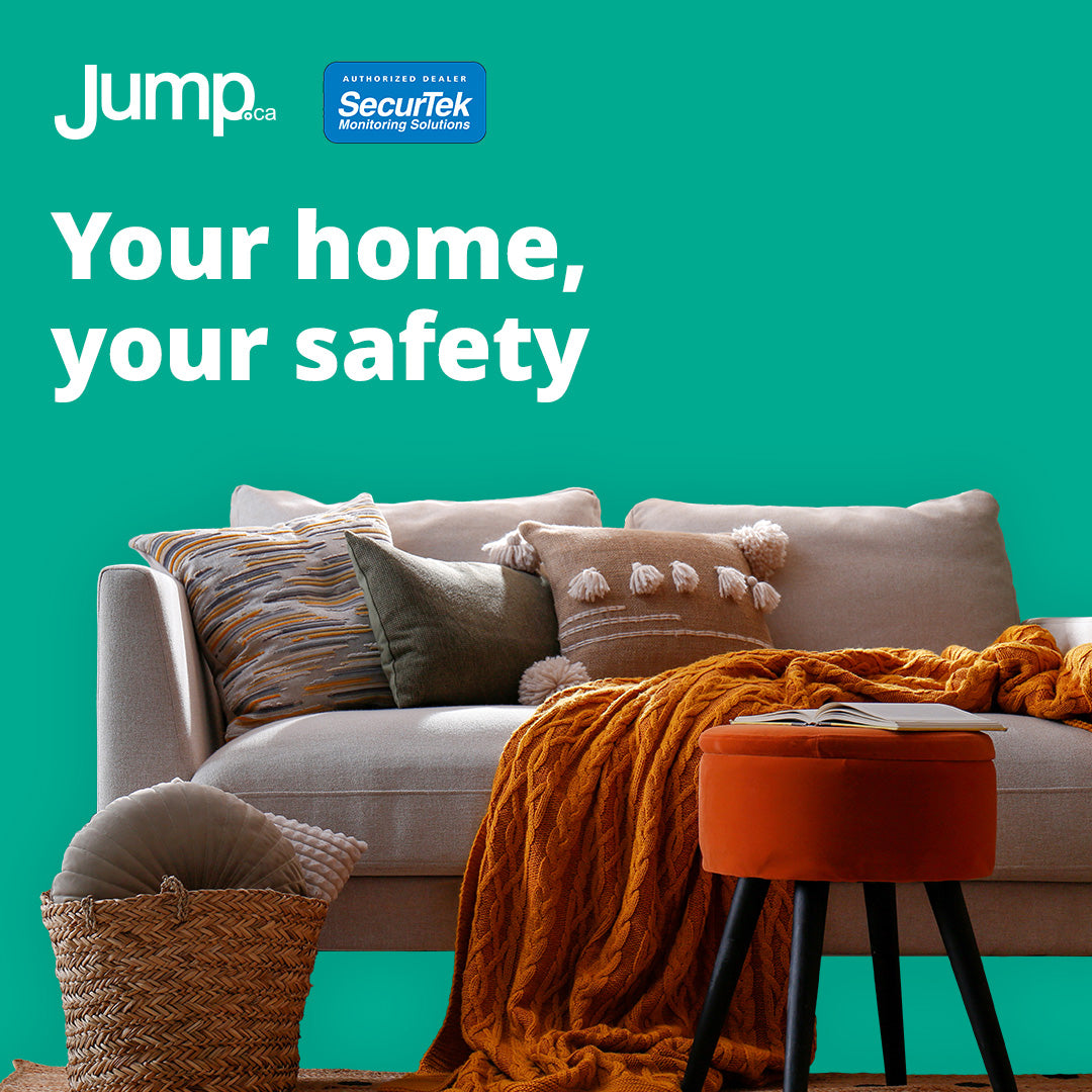 Image showing a cozy sofa with cushions and a knit blanket, with the text "Your home, your safety." | Jump.ca
