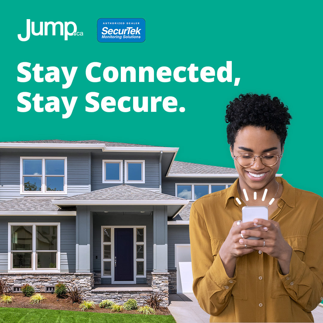 A happy woman using her smartphone with a light bulb icon above it, in front of a blue two-story house. Text reads "Stay Connected, Stay Secure." | Jump.ca | SecurTek |