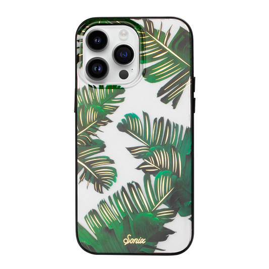 An iPhone 14 Pro Max: Sonix Case : Bahama with a tropical palm leaf pattern and gold foiling details.