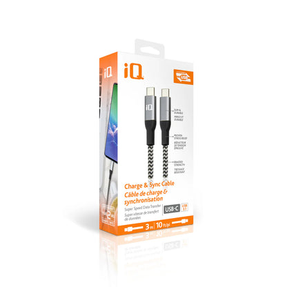 iQ Braided Type-C to Type-C Cable 3m/10ft - Black & Grey