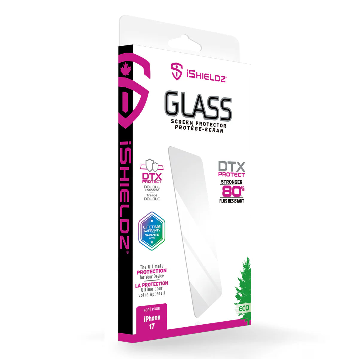 iShieldz glass screen protector for iPhone 17 packaging on a white background