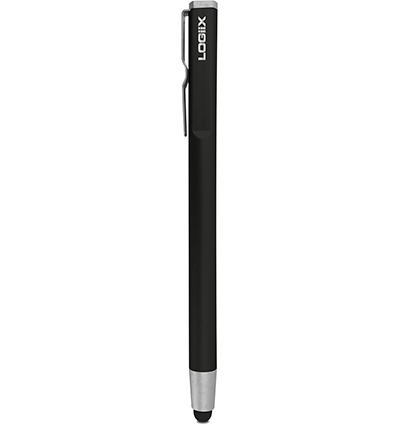 A black LOGiiX aluminum stylus mini pen with a cap and a tip for touchscreen devices.